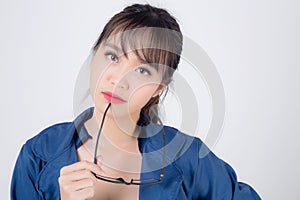 Beautiful portrait young asian business woman wearing glasses expression thinking  on white background