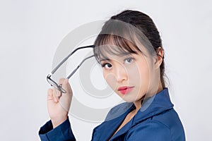 Beautiful portrait young asian business woman wearing glasses expression thinking  on white background