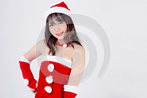 Beautiful portrait young asian woman Santa costume wear hat smiling with happy in holiday xmas