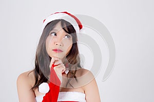 Beautiful portrait young asian woman Santa costume wear hat smiling and thinking in holiday xmas