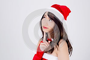 Beautiful portrait young asian woman Santa costume wear hat smiling and thinking in holiday xmas