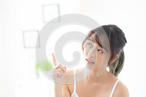 Beautiful portrait young asian woman smiling healthy and wellness at room
