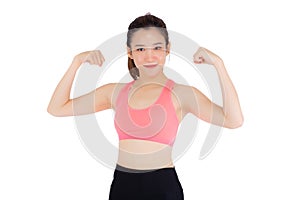 Beautiful portrait young asian woman wear sport clothes have strong and muscle with health