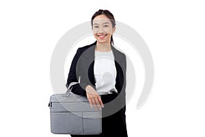 Beautiful portrait young business asian woman holding a briefcase isolated.