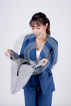 Beautiful portrait young business asian woman holding a briefcase portfolio isolated on white background