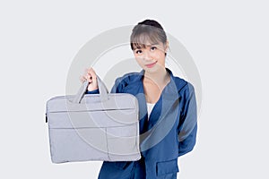 Beautiful portrait young business asian woman holding a briefcase portfolio isolated on white background