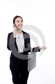 Beautiful portrait young business asian woman holding a briefcase and talking phone with professional isolated.