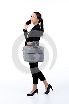 Beautiful portrait young business asian woman holding a briefcase and talking phone with professional isolated.