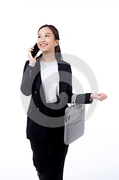 Beautiful portrait young business asian woman holding a briefcase and talking phone with professional isolated.