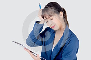 Beautiful portrait young business asian woman holding clipboard with worry and stressed about trouble of work isolated