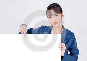 Beautiful portrait young business asian woman presenting blank signboard isolated on white background