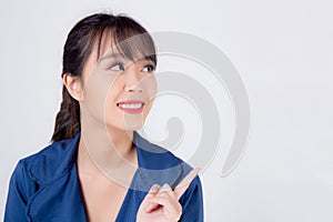 Beautiful portrait young business asian woman presenting show and pointing  on white background