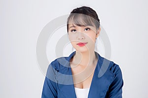 Beautiful portrait young business asian woman standing with confident isolated on white background