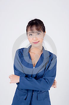 Beautiful portrait young business asian woman standing with confident isolated on white background