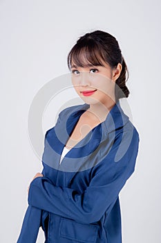 Beautiful portrait young business asian woman standing with confident isolated on white background