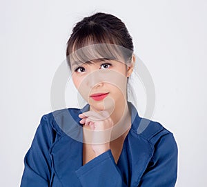 Beautiful portrait young business asian woman standing with confident isolated on white background, asia businesswoman career