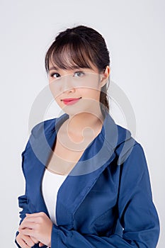 Beautiful portrait young business asian woman standing with confident isolated on white background, asia businesswoman career