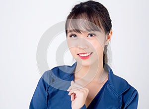 Beautiful portrait young business asian woman standing with confident isolated on white background