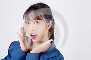 Beautiful portrait young business asian woman standing with surprise and excited success isolated on white background