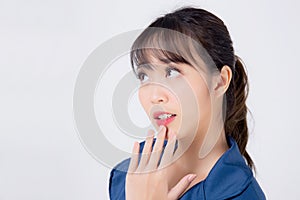 Beautiful portrait young business asian woman standing with surprise and excited success isolated on white background