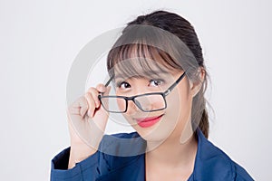 Beautiful portrait young business asian woman standing wearing glasses with confident isolated on white background