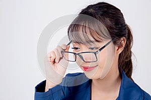 Beautiful portrait young business asian woman standing wearing glasses with confident isolated on white background