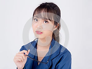 Beautiful portrait young business asian woman standing wearing glasses with confident isolated on white background