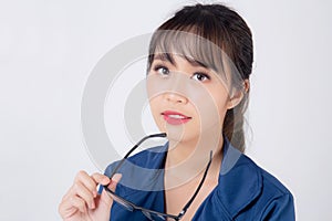 Beautiful portrait young business asian woman standing wearing glasses with confident isolated on white background