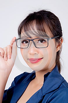 Beautiful portrait young business asian woman standing wearing glasses with confident  on white background