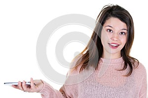 Beautiful portrait young woman with phone in nhand and blank white copy space