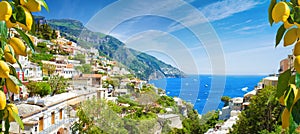 Beautiful Positano and clear blue sea on Amalfi Coast in Campania, Italy. Amalfi coast is popular travel and holyday destination