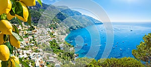 Beautiful Positano and clear blue sea on Amalfi Coast in Campania, Italy. Amalfi coast is popular travel and holyday destination