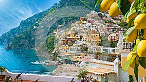 Beautiful Positano with comfortable beach and blue sea on Amalfi Coast in Campania, Italy. Amalfi coast is popular travel and