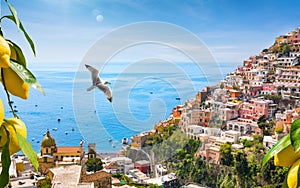 Beautiful Positano with comfortable beaches and azure sea on Amalfi Coast in Campania, Italy