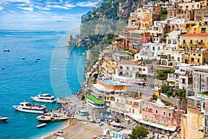 Beautiful Positano on hills leading down to coast and azure sea on Amalfi Coast in Campania, Italy