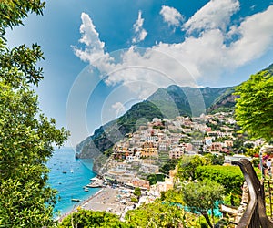 Beautiful Positano shoreline in world famous Amalfi coast