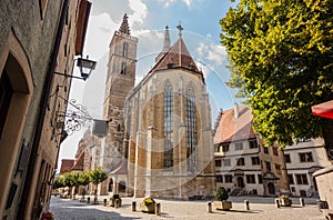 Beautiful postcard day view of St. Jakob or St. James Church or St. Jakob Kirche, Rothenburg ob der Tauber, Germany