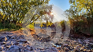 Beautiful postcard of dry river at sunset