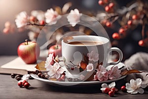 A beautiful postcard. A white coffee cup with a bouquet of blooming apple trees. Beautiful still life