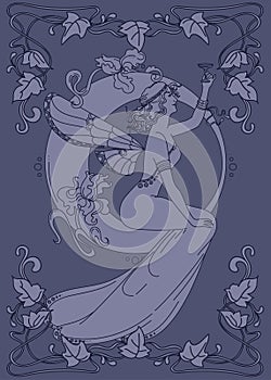 Beautiful poster in art nouveau style with fairy woman and moon and floral frame