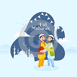 Beautiful poster and banner design with illustration of young happy men hugging each other in occasion of Islamic Festival Eid