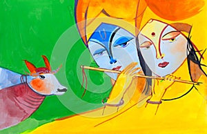 Beautiful poster color hand painted illustration of Indian God Krishna and His lady love Radha