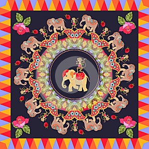 Beautiful poster with cute elephants, cheerful dancing monkeys, round ornament with paisley, roses and multicolor frame