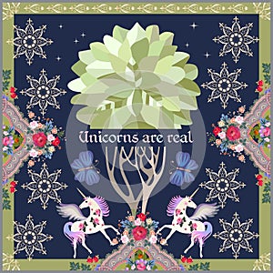 Beautiful poster with cute winged unicorns, big butterflies, paisley floral oranment, golden stars and tree of life