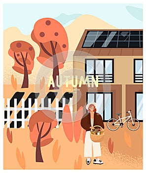 Beautiful poster with eco-house, vegetable garden, bike and joyful young woman with a basket of vegetables. Autumn harvest and