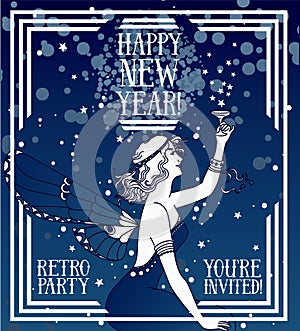 Beautiful poster for happy new year in art deco style with fairy woman drinking champagne