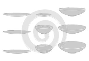 Beautiful pottery plants set on white backgroundCartoon flat plates and bowls set on white background