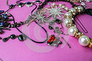 Beautiful precious shiny jewelery trendy glamorous jewelry set, necklace, earrings, rings, chains, brooches with pearls