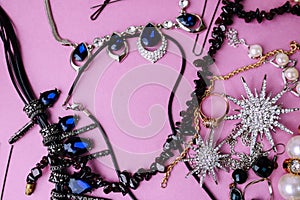 Beautiful precious shiny jewelery trendy glamorous jewelry set, necklace, earrings, rings, chains, brooches with pearls