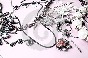 Beautiful precious shiny jewelery trendy glamorous jewelry set, necklace, earrings, rings, chains, brooches with pearls